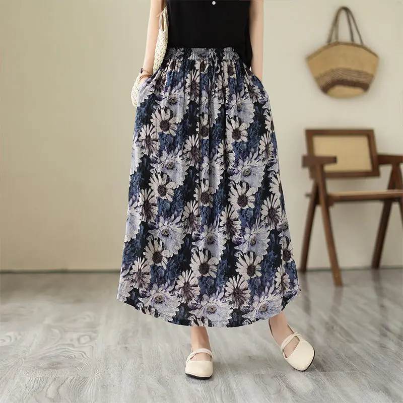 

Юбка женская трапециевидная из хлопка и льна, с эластичным поясом