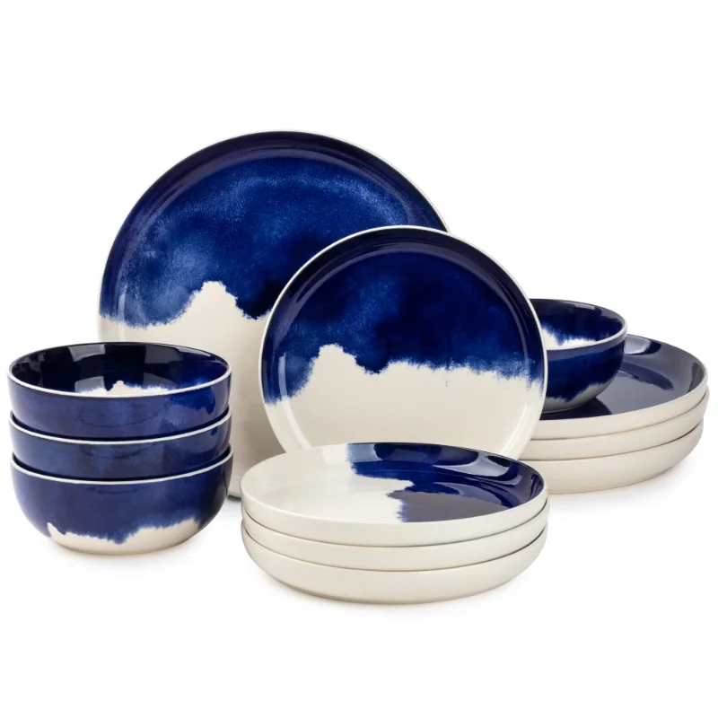 

Тимьян и столовая посуда, голубая капельная керамическая посуда, набор из 12 предметов, обеденный набор из костяного фарфора, Сервировочные блюда, наборы, обеденный набор