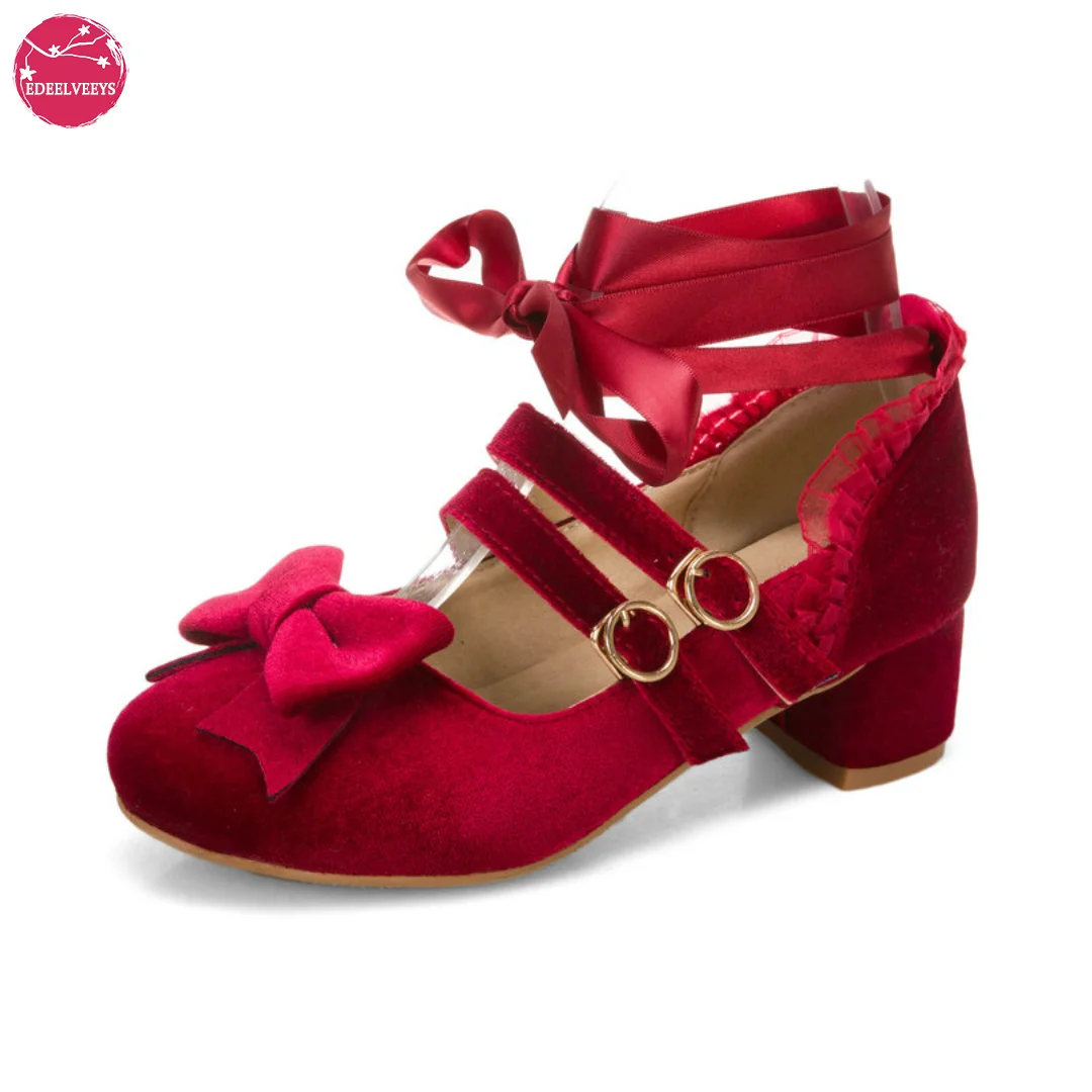 

Woman's Med Heel Lolita Shoes Flock PU Leather Cute Bow Mary Jane Pumps Bride Wedding Cosplay Party Red Pink Black Size 34-43