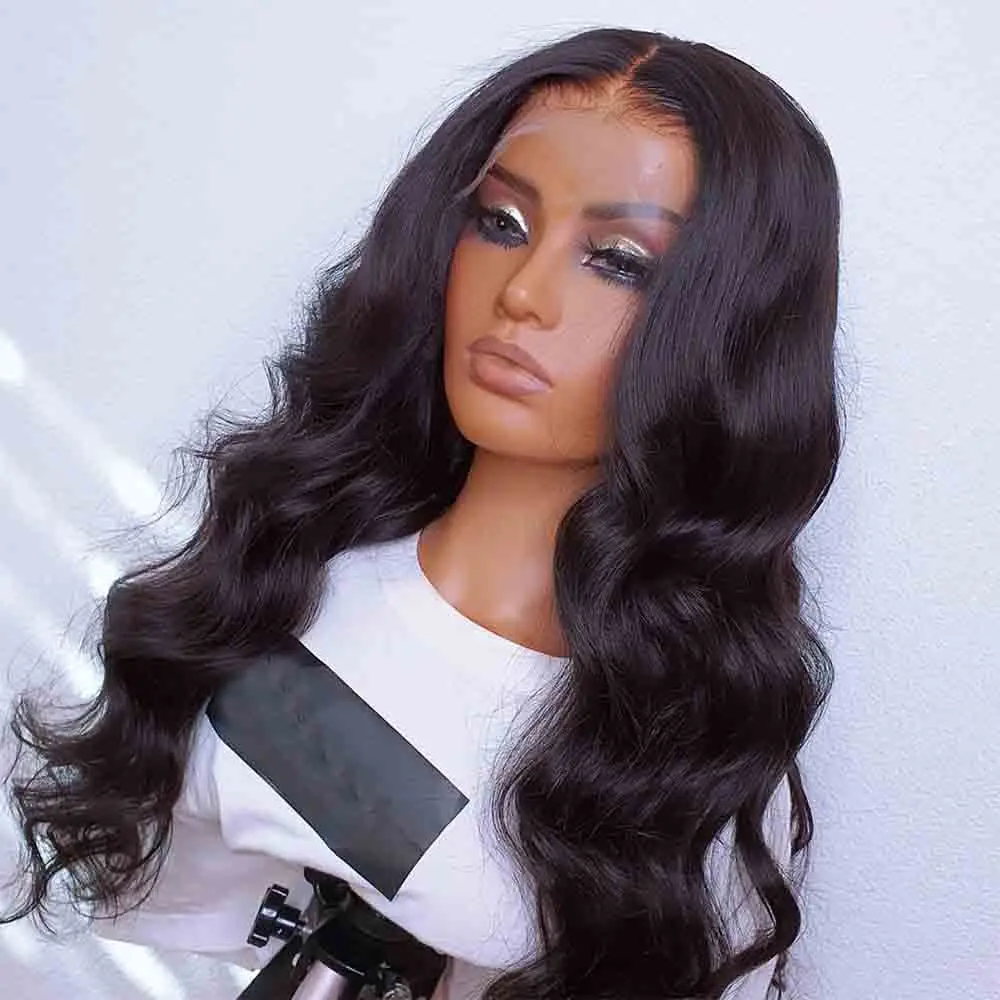 

Preplucked 26Inch Long Black Body Wave Synthetic Lace Front Wig Glueless For Black Women Baby Hair Daily Cosplay 180%Density