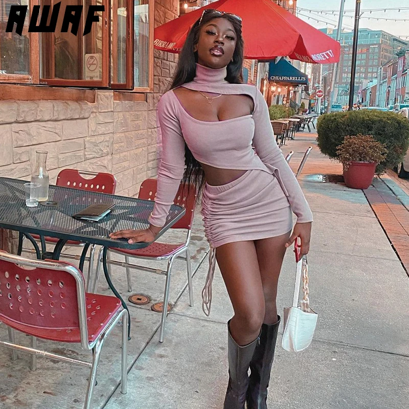 

AWAF Sexy Hollow Out Rib Knit Mini Dresses for Women Turtleneck Long Sleeves Smock Night Club Party Knit Dresses Set Vestido
