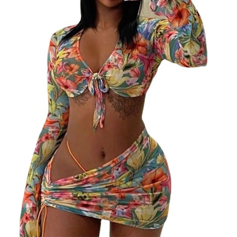 

Женский пикантный сетчатый комплект из 3 предметов с цветочным принтом, укороченный Топ с длинным рукавом и завязкой спереди, с стрингами, б...