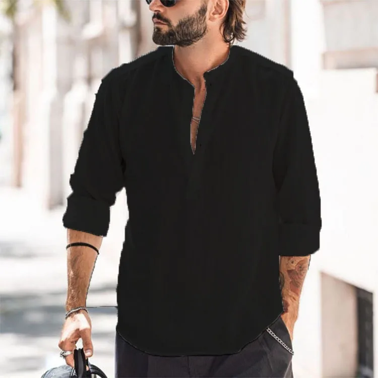Mattswag Solid Cotton V Neck Long Sleeve Shirts For Men Stand Collar Fashion Simple Men's Clothing Casual Handsome Camisa Hombre