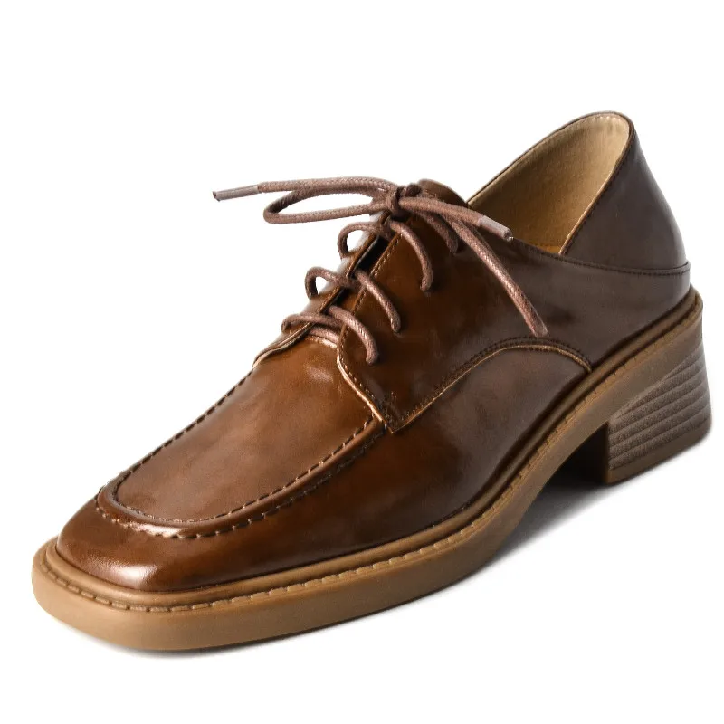 

Dilalula Women Pumps Spring Summer Concise Sewing Genuine Leather Thick Heels Lace-Up Shoes Woman Retro Working Casual Dress