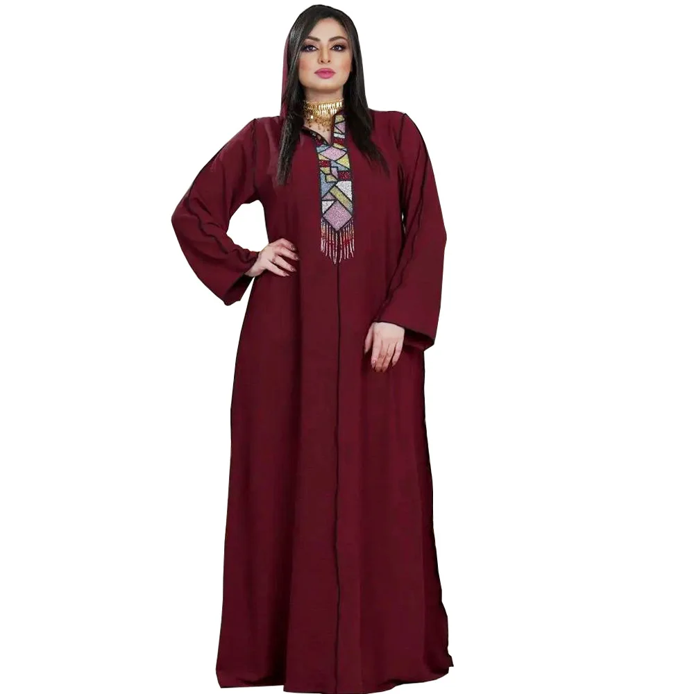 

Muslim Women's Middle East Hooded Jalabia Dubai Abaya Light Luxury Beading Tassels Elegant Robe Prestigious Evening Dress