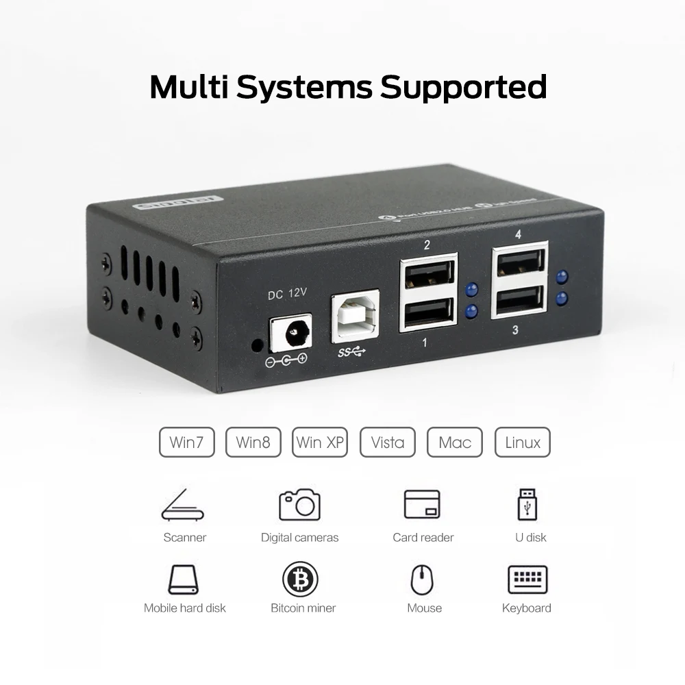 Сиполярный металлический концентратор USB2.0/USB3.0 с питанием от 12 Вт 4 порта