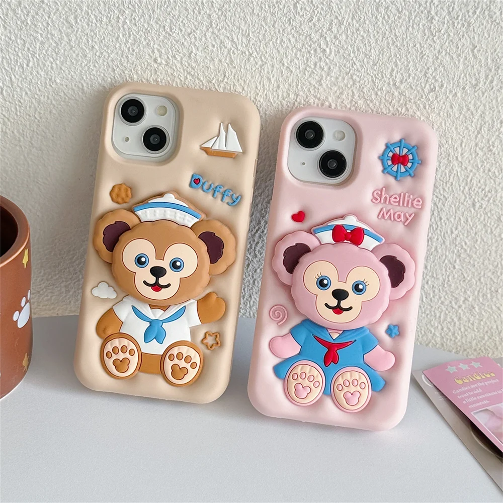 Фото Милый мультяшный чехол с медведем для iPhone 17, 16, 15 Plus, 14, 13, 12, 11, 16E, 17 Pro Max, с 3D-подставкой в виде Дэффи и Шерли Мэй №4