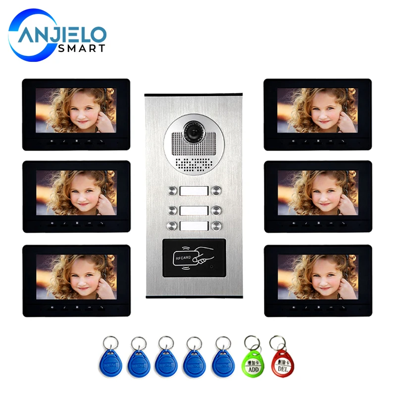 7'' Color Video Intercom RFID Card Camera Video Doorbell with 6 Monitors Video Door Phone for multi Apartments