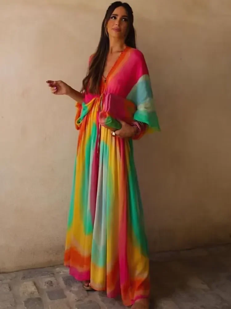 

Tie Dye Long Dresses for Women 2023 NEW Pleated Loose Summer Dress Women Casual Beach Dress Woman Semi Sheer Female Dress
