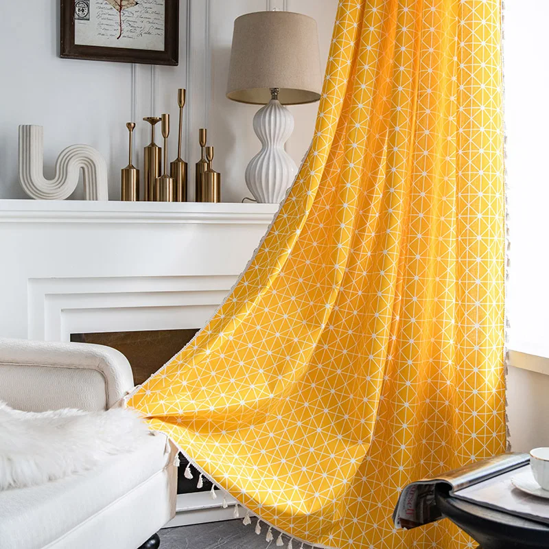 

Желтые занавески с кисточками, Геометрическая зеркальная занавеска для спальни в гостиной, готовая занавеска для домашнего декора