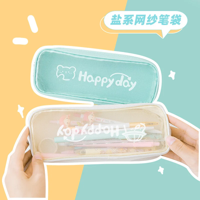 

Pen Bag Simple Transparent Mesh Pencil Cases For Girls Large Capacity Portable Pencil Box Stationery Bag School Pen Bags Office