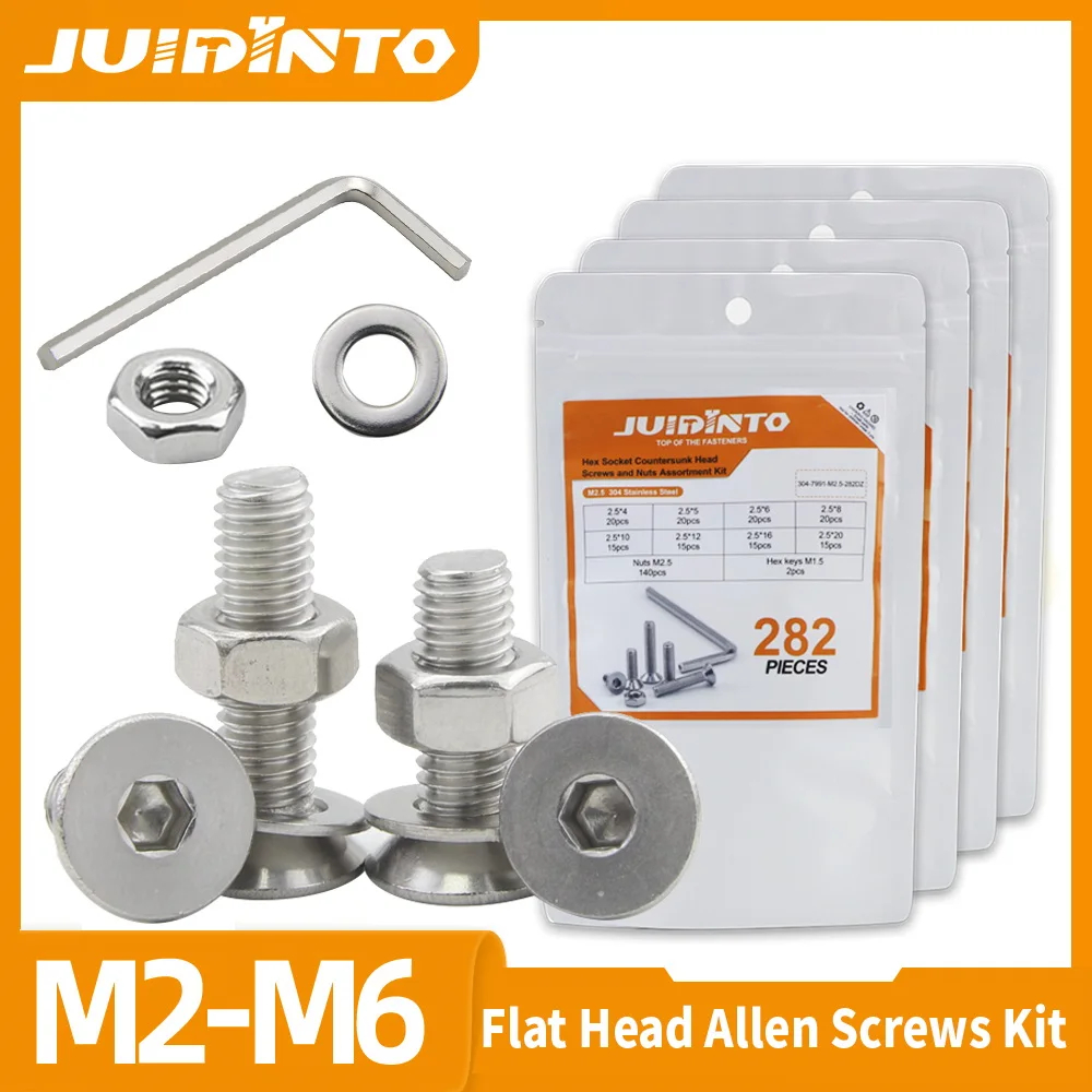 

JUIDINTO M2-M6 Hexagon Socket Flat Head Screw Allen Screws Assortment Kit Bolts and Nuts Washers Stainless Steel