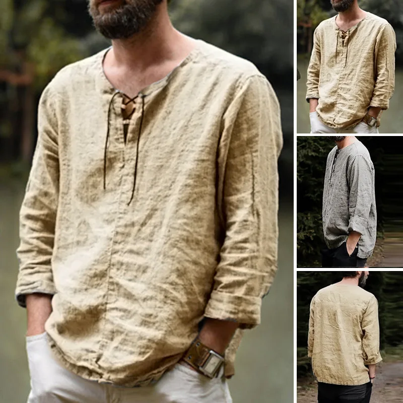

2023 New Men's Casual Blouse Cotton Linen Shirt Tops Long Sleeve Tee Shirt Spring Autumn Slanted Placket Vintage Yoga Shirts