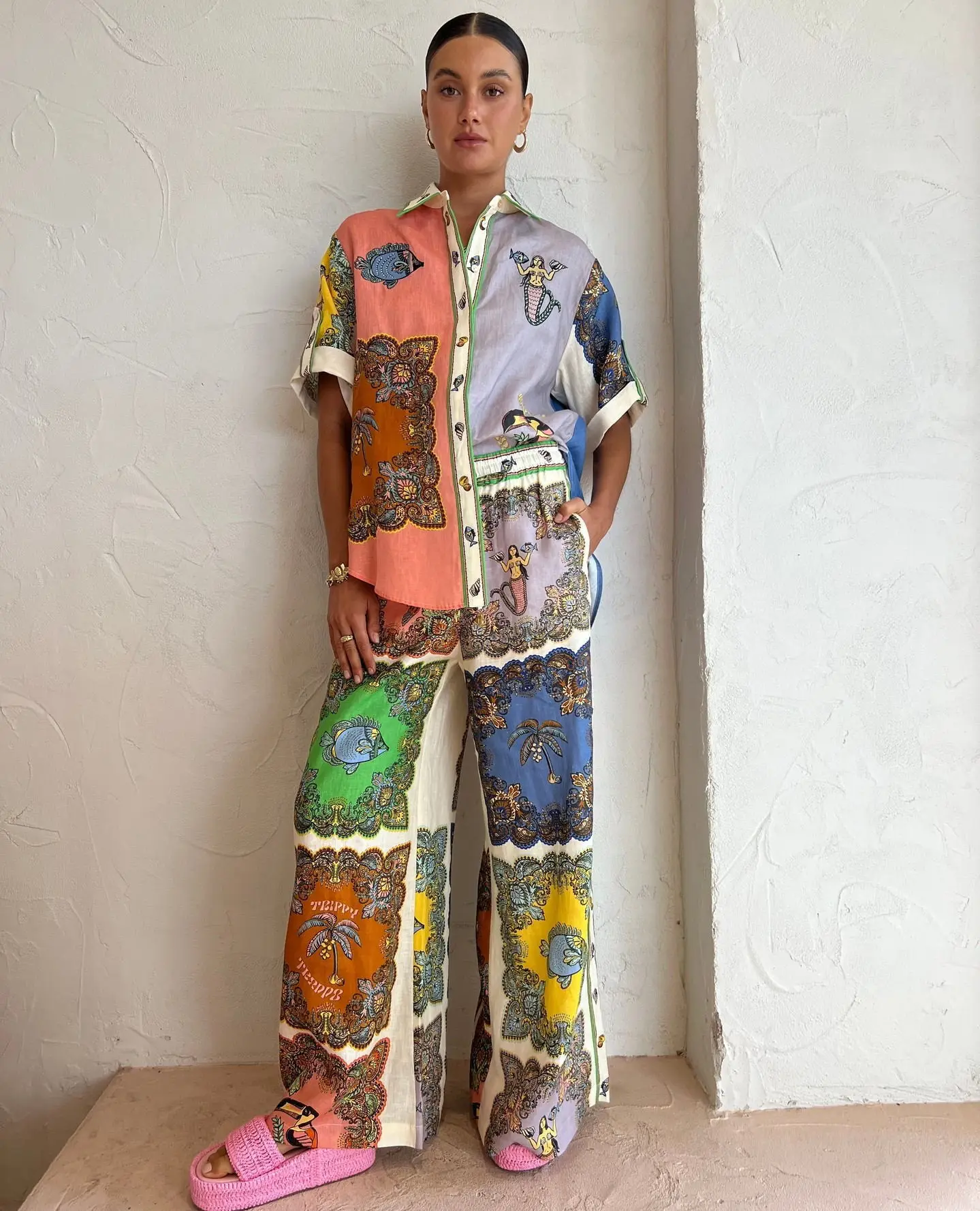 

2023 Autumn Cotton Linen Women's Suit Print Turn-down Collar Short Sleeve Top Loose Long Pants Suits Female Trendy Lady Clothes