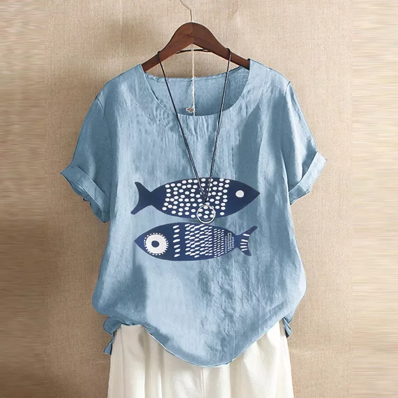 

Print Blouse Casual Loose Summer Blusas Women Short Sleeve O Neck Shirt Office Patchwork Fish Tunic Blusas Mujer