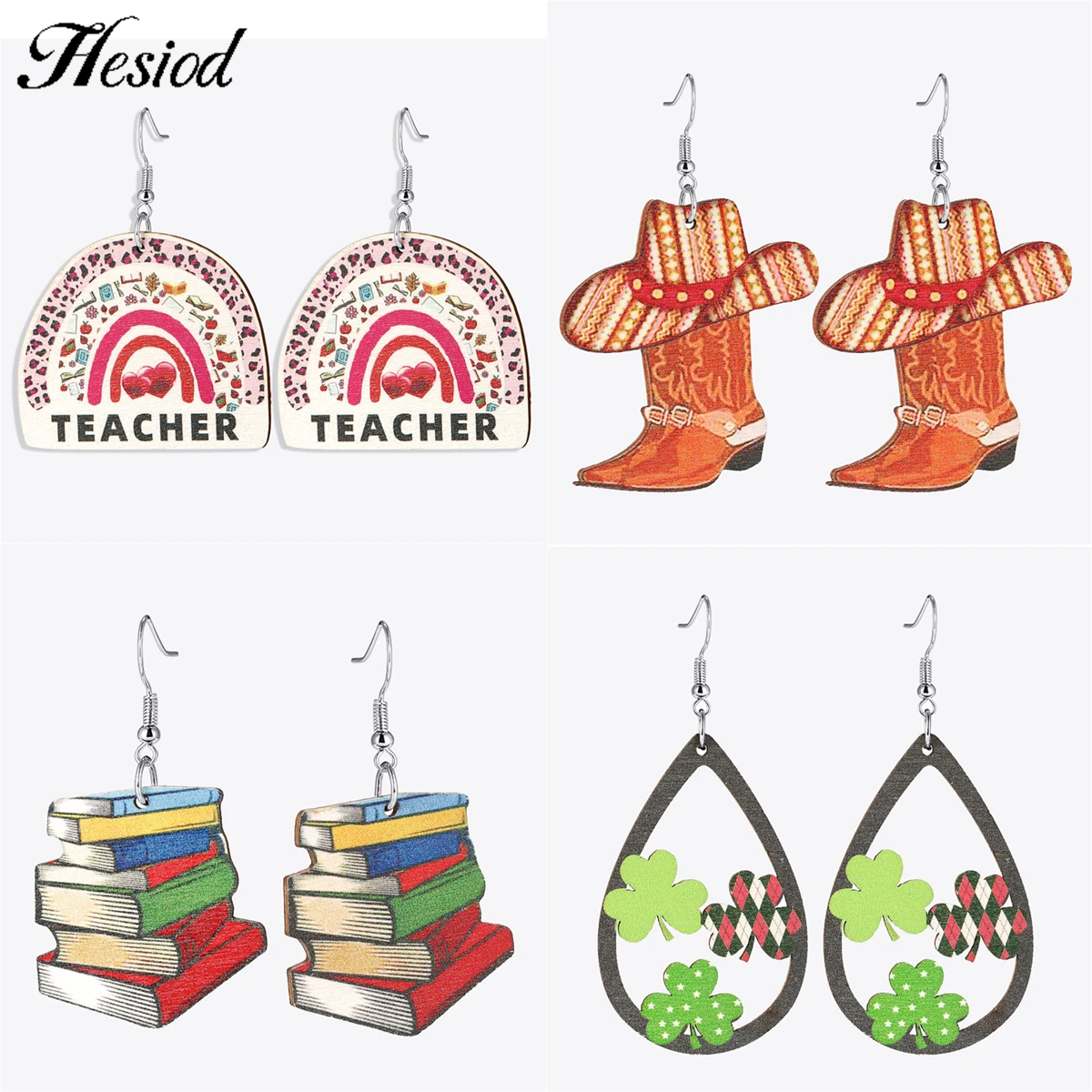 

New Design Trendy Wooden Pendant Hanging Dangle Earrings For Women Cowboy Hat Book Cat Clover Piercing Jewelry Party Accessories