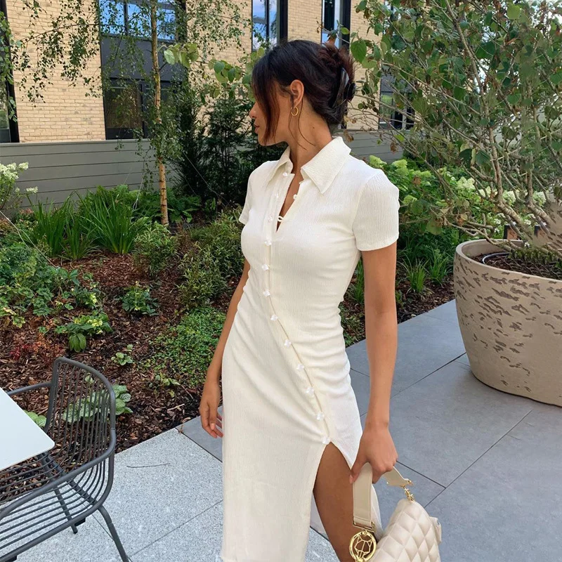 

Wepbel Sexy Shirt Dress Short Sleeve Blouse Collar Button Slant Slit Dress for Women Slim Fits High Waist Bodycon Dress Vestidos