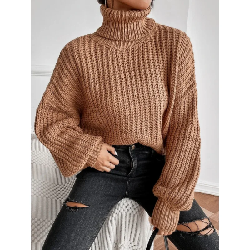 

Женский трикотажный свитер с высоким воротником, свободный непринужденный свитер с длинным рукавом и открытыми плечами, трикотажная кофта для весны и осени 2023