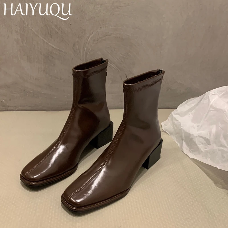 Женские кожаные ботильоны с квадратным носком дизайнерская модная повседневная