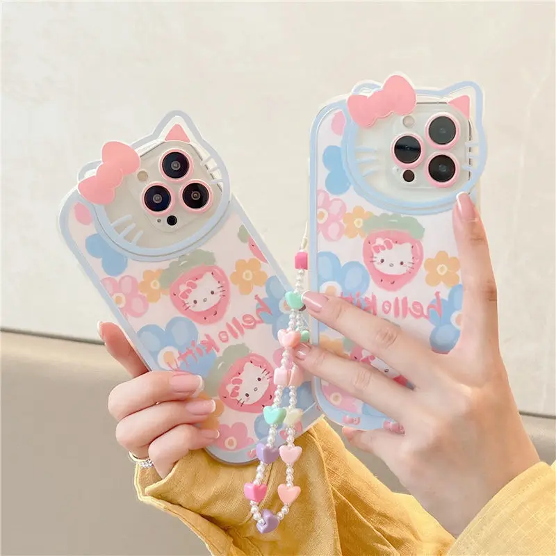 

Cute Cartoon Pink Hello kitty lanyard pink TPU Phone Case For iPhone XR XsMax 8Plus 11 12 13 13 Pro Max Cover