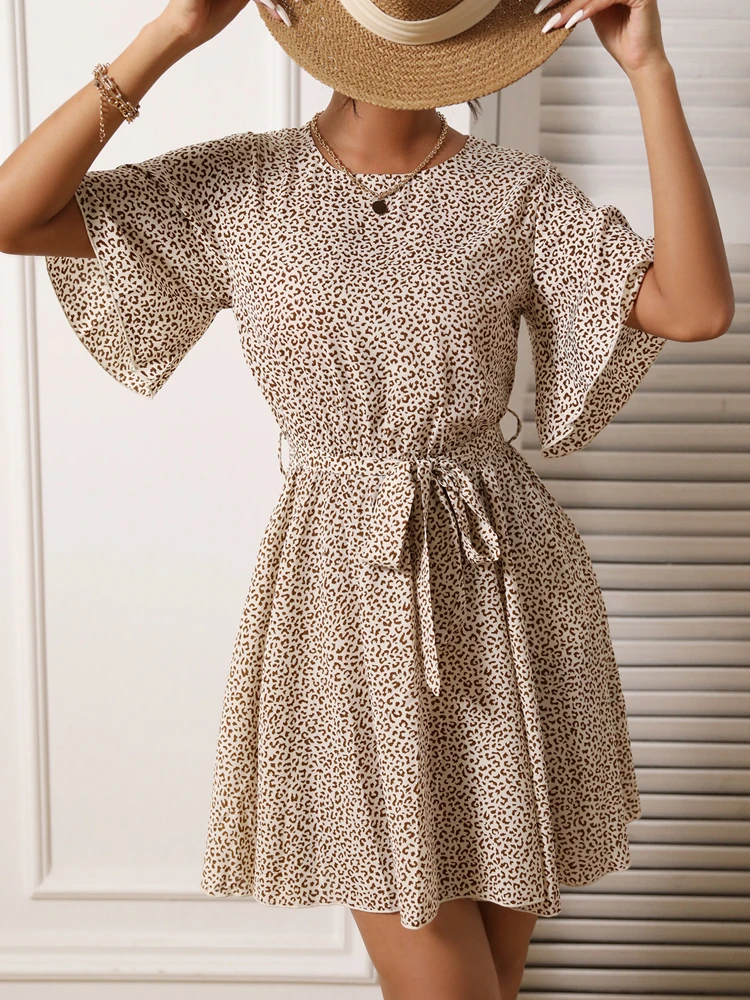 

Round Neck Dress For Woman Short Sleeve 2022 Summer Fashion Leopard Print A Line Dresses With Sashes Elegant Casual Outfits S-XL