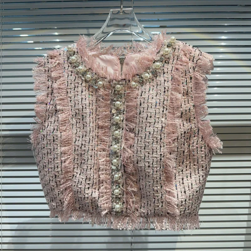 

BORVEMAYS Tweed High Quality Two-piece Sets Summer New 2023 O Neck Beading Single-breasted Vest + Mimi Skirts Women WZ3104