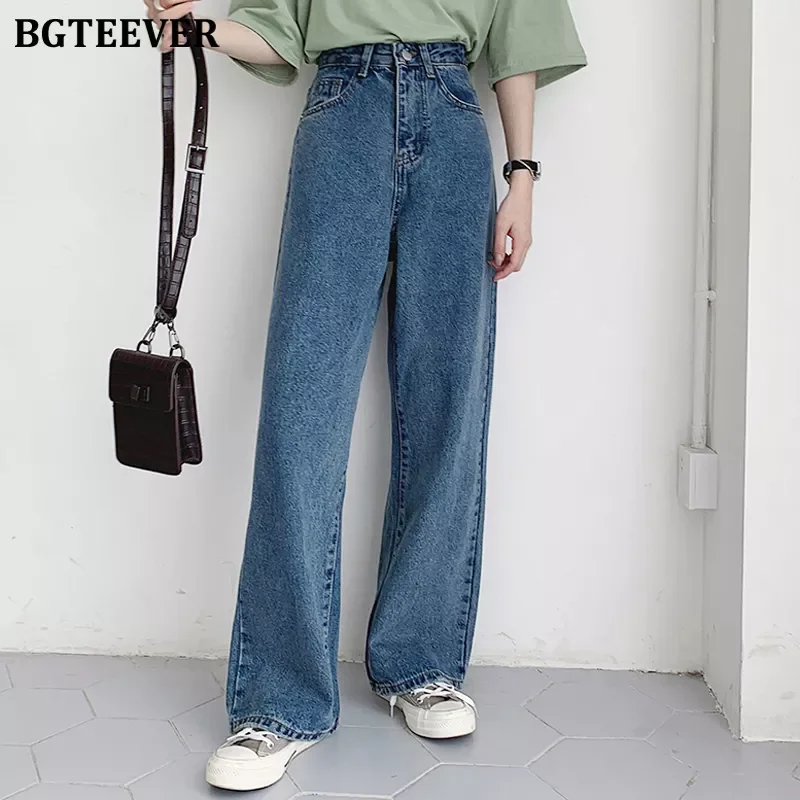 

BGTEEVER Casual High Waist Loose Women Denim Jeans Streetwear Vintage Long Wide Leg Jeans Pants Female Trousers Capris 2021