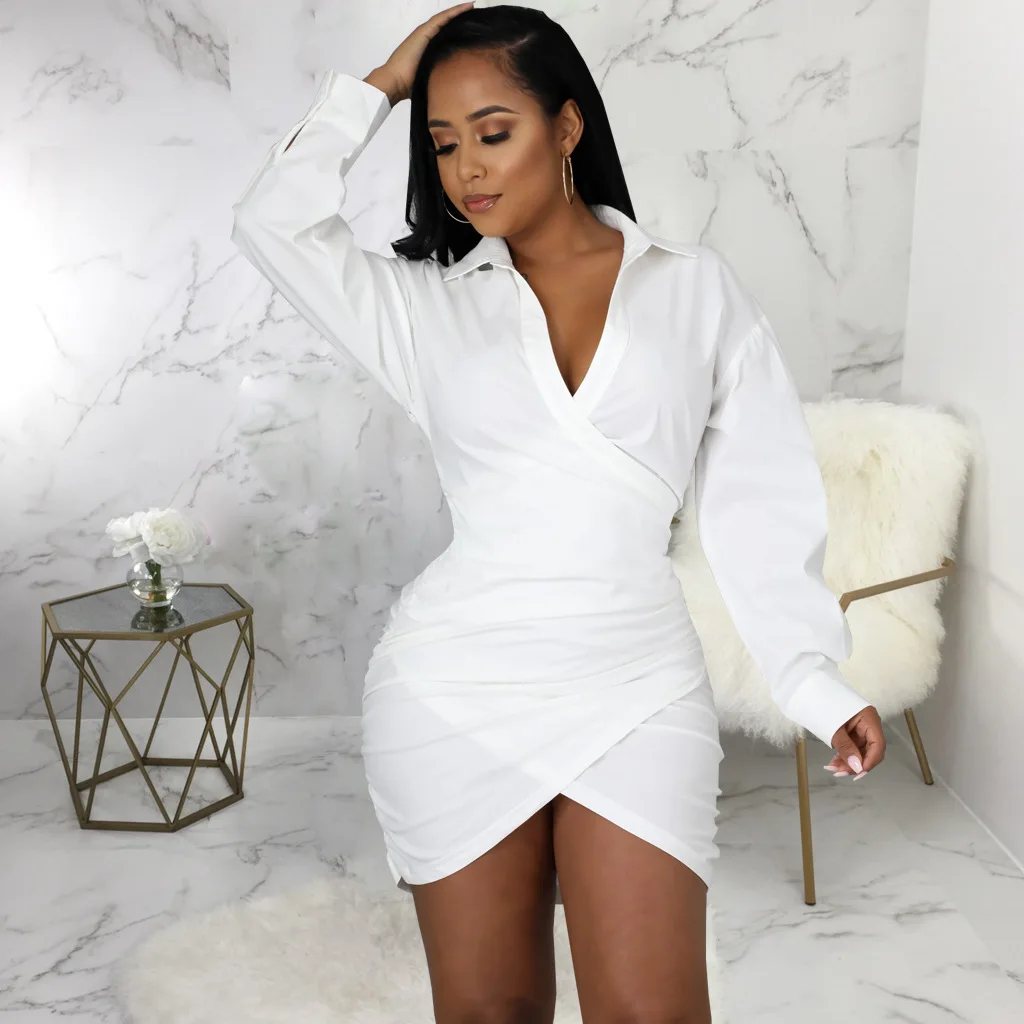 

Женское платье-рубашка с длинным рукавом, V-образным вырезом и высокой талией