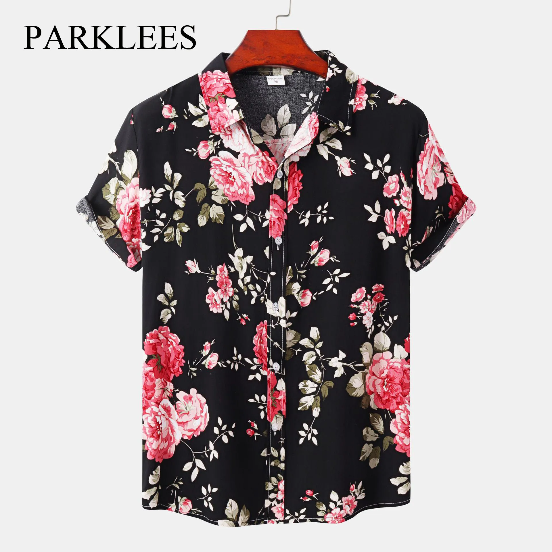 

Parklees Mens Black Floral Hawaiian Shirts 2022 Summer Fashion Short Sleeve Shirts Loose Casual Button Down Aloha Vintage Shirts