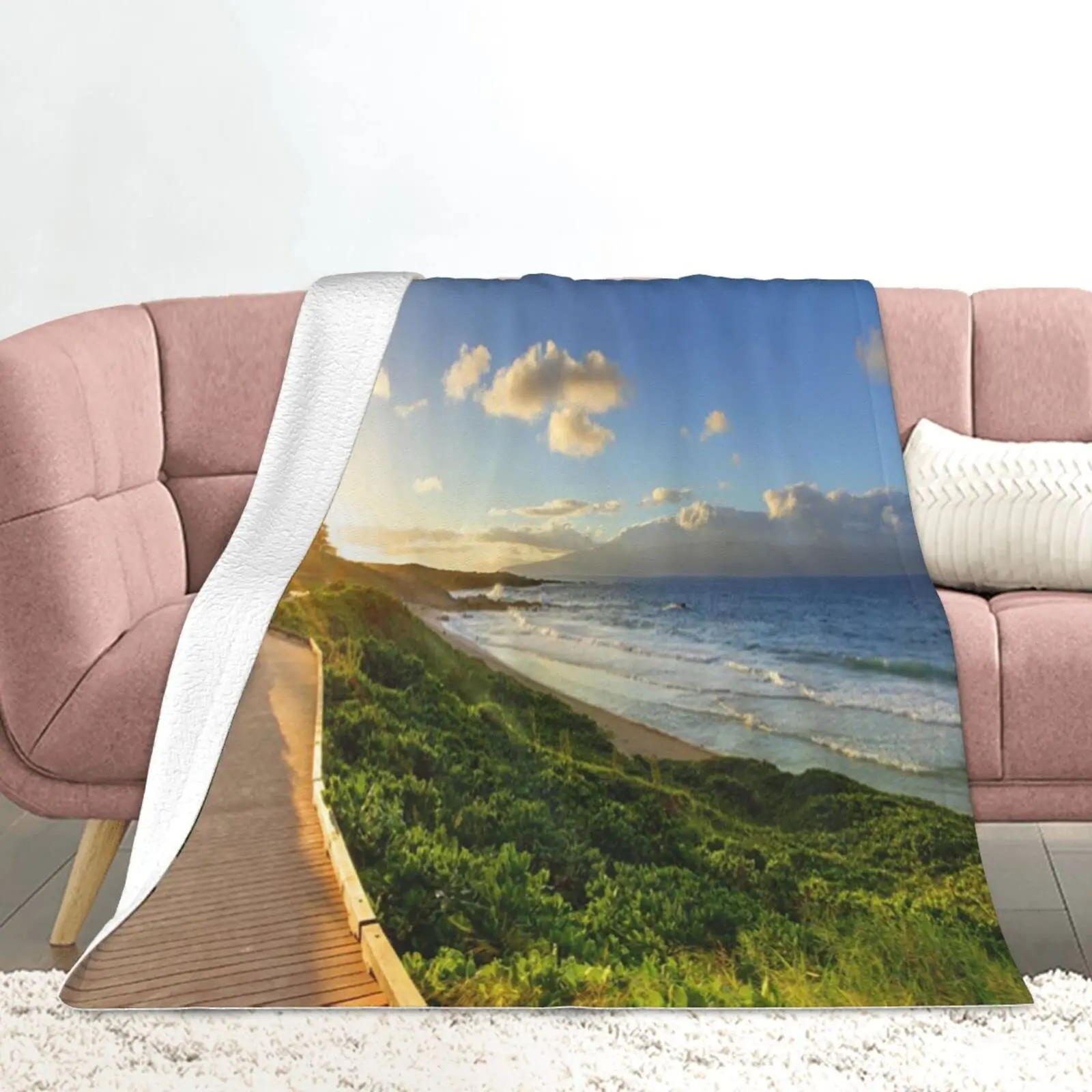 

Blanket Island Bay Coconut Palm Tree Landscape Ocean Sea At Sunset Flannel for Bed Couch Sofa Super Soft Tropical Beach Throw