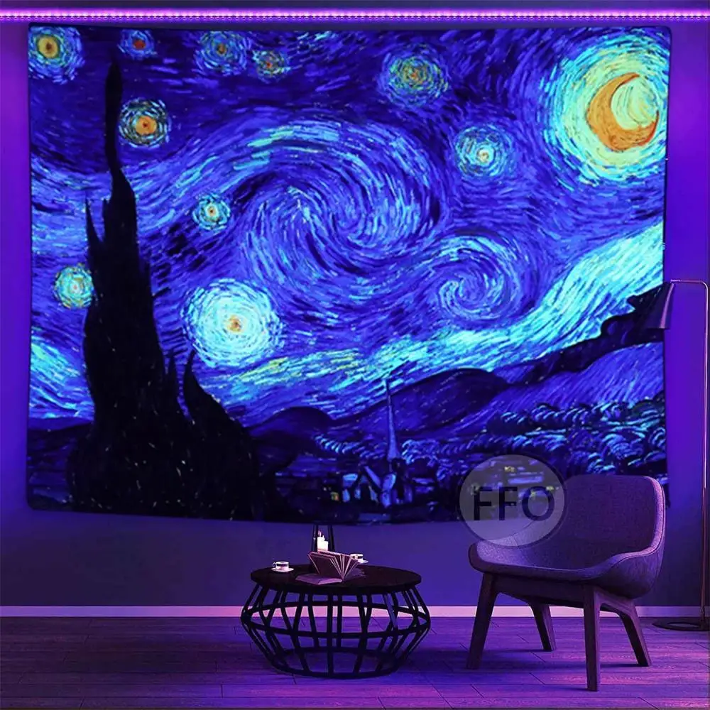 

Blacklight Tapestry Starry Night Van Gogh Wall Art Decor Glow In The Dark Oil Painting Fluorescent Tapestry Uv Reactive Poster