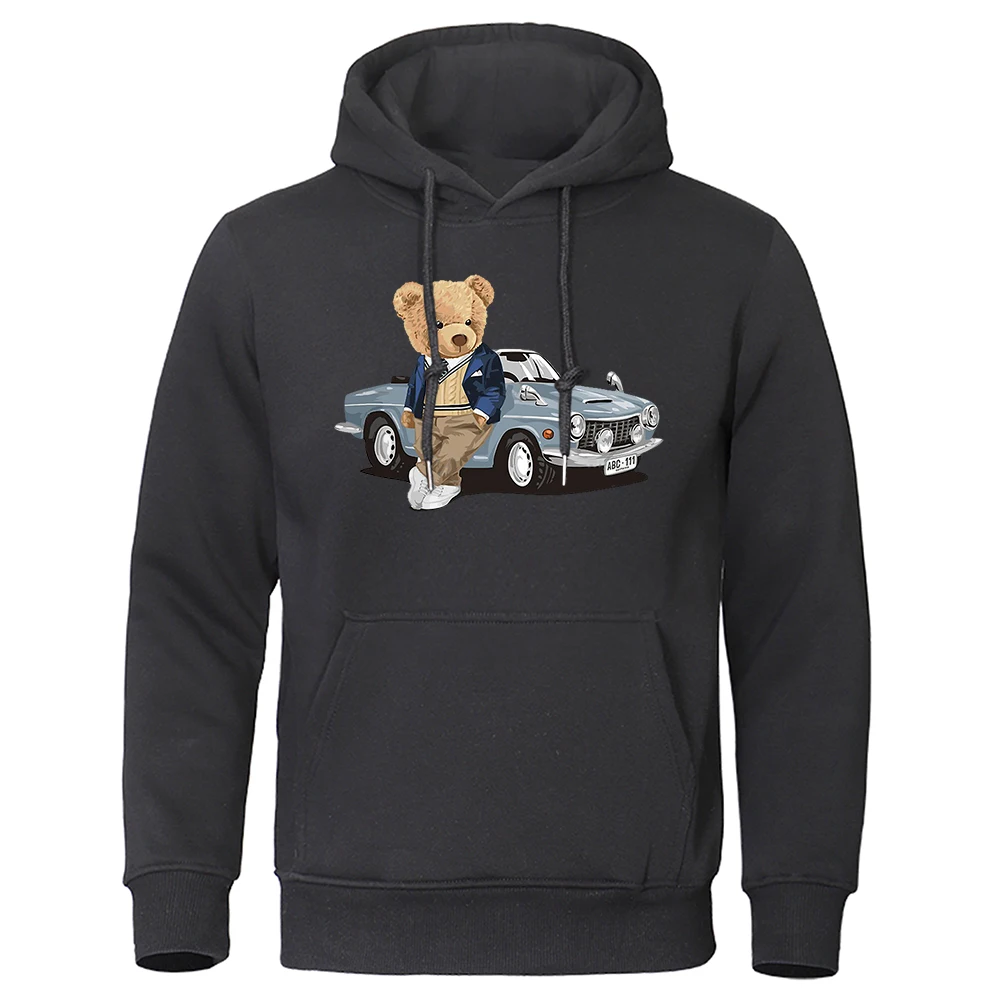 

Gentleman Teddy Bear In A Vintage Sports Car Mens Hoodies Hip Hop Street Pullover O-Neck Fashion Hoody Cartoons Loose Sweatshirt