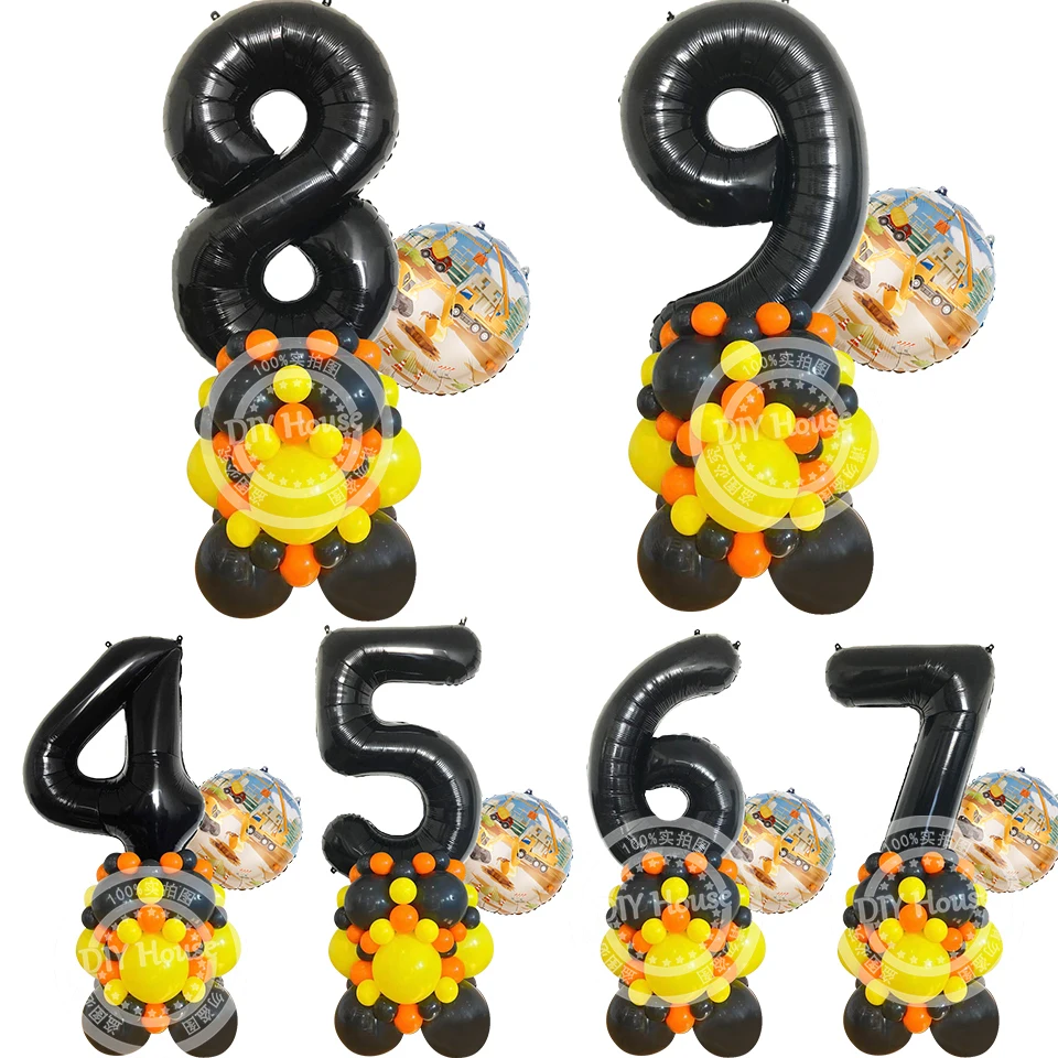 

35pcs Construction Vehicle Balloon Tower with 32 inch Black Figure Balloon for Boy's Construction Birthday Party Decorations