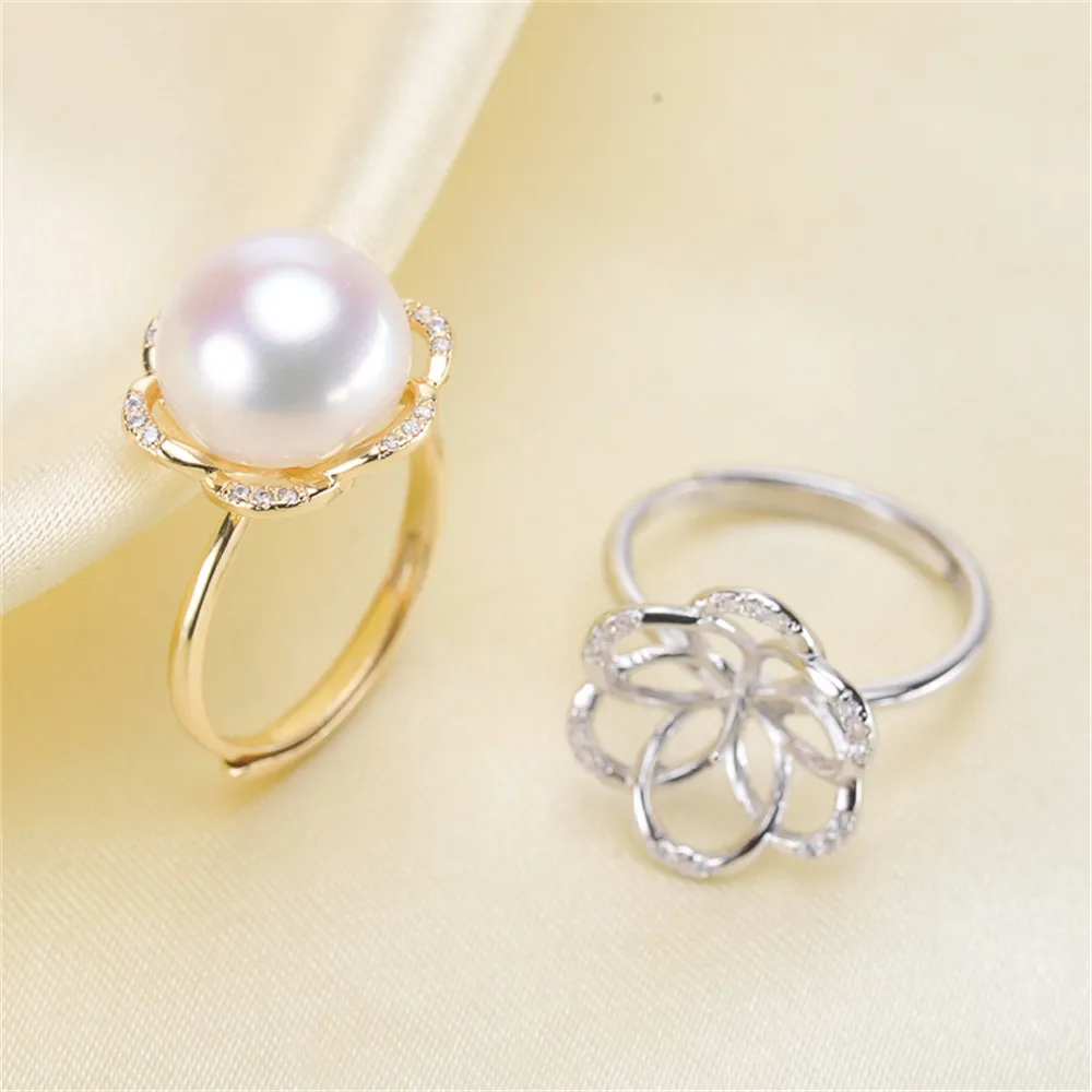 

S925 sterling silver wrapped real gold half hole bead holder ring handmade diy sticky crystal pearl inlay empty holder open ring