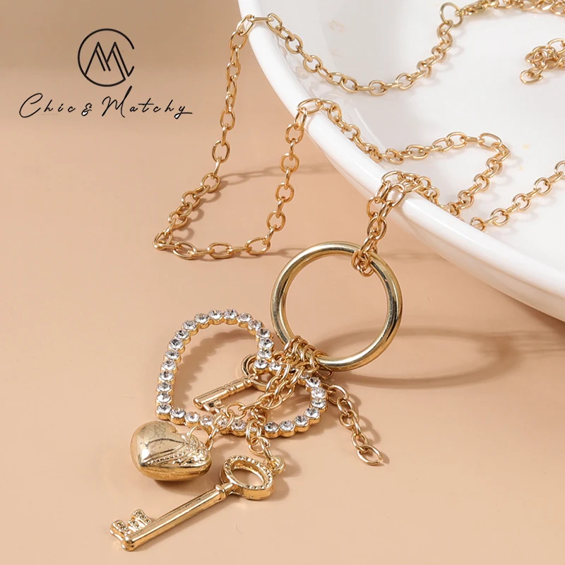 

Chic Matchy Heart Key Big Pendant Sweater Accessory Chain Necklace for Women Jewelry Gold Plating Special Pendant Necklace