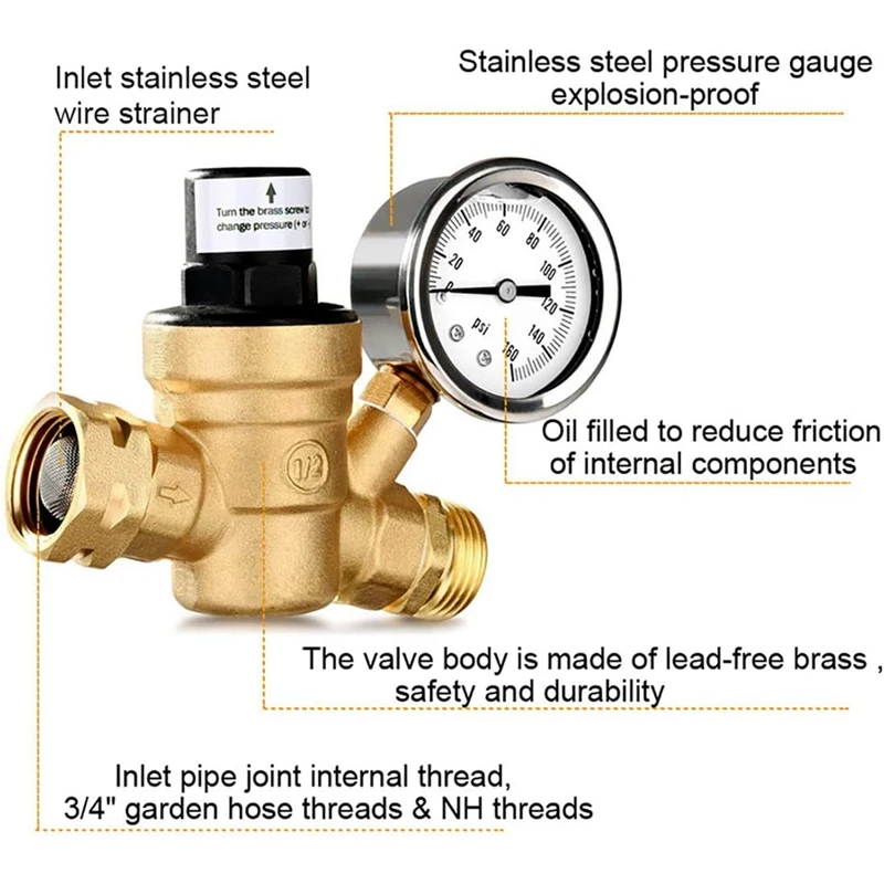 

Hot Water Pressure Regulator Valve, Brass Lead-Free Adjustable Water Pressure Reducer, Fit RV Camper Travel Trailer