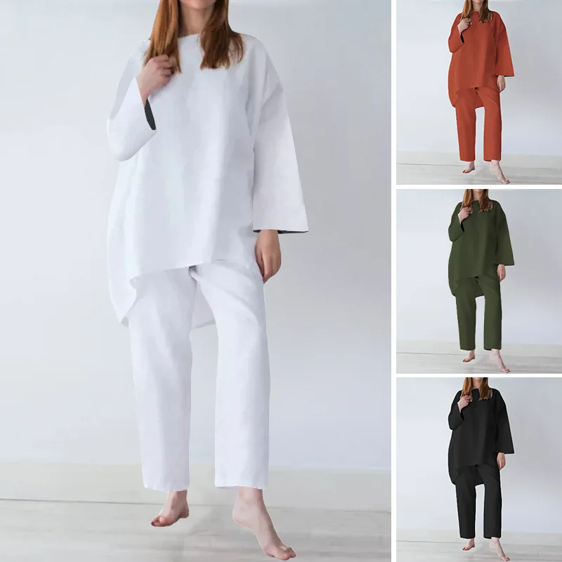 

2023 Women's loose fashion casual solid color cotton linen two sets