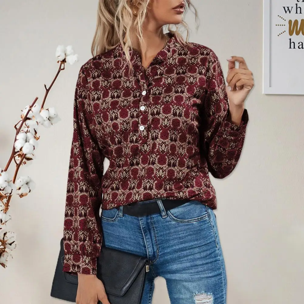 

Women Shirt Top Stand Collar Long Sleeves Buttons Half Placket Spring Shirt Retro Print Lady Blouse Female Clothing Streetwear