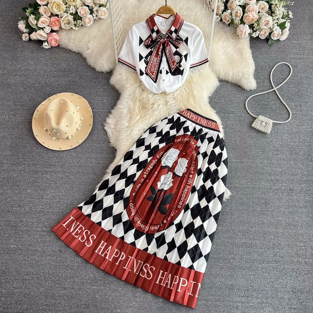 

Женский комплект из двух предметов, рубашка с коротким рукавом и бантом + длинная Плиссированная юбка с винтажным принтом, подиумный комплект A1197