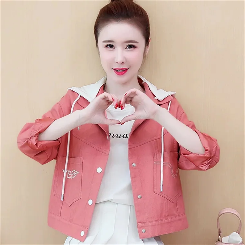 

2022 Short Embroidery Denim Jacket Women's Hooded Jackets splicing Spring And Autumn Korean Loose Candy Color Casual Blouser