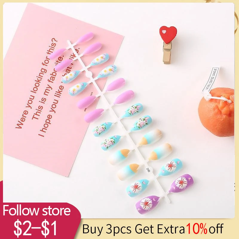 

24pcs Charming Blue Flower Short Detachable Finished Fingernails Ballet Wearable Fake Nails Press On Square Head Full Cover
