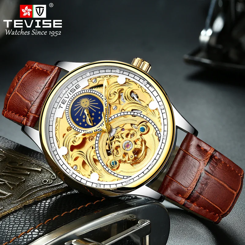 TEVISE Brand Luxury Hollow Out Tourbillon Sculpture Waterproof Luminous Automatic Mechanical Watches Fashion Retro Watch For Men