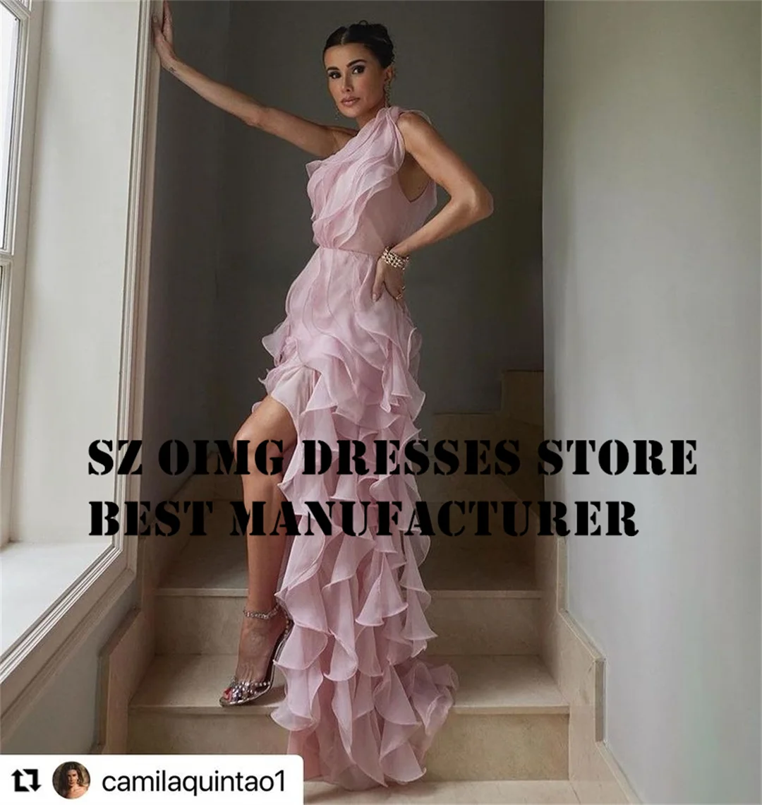 

OIMG Elegant Simple Layered Prom Dresses One Shoulder A-Line High Split Pink Backless Women Evening Gowns Formal Party Dress