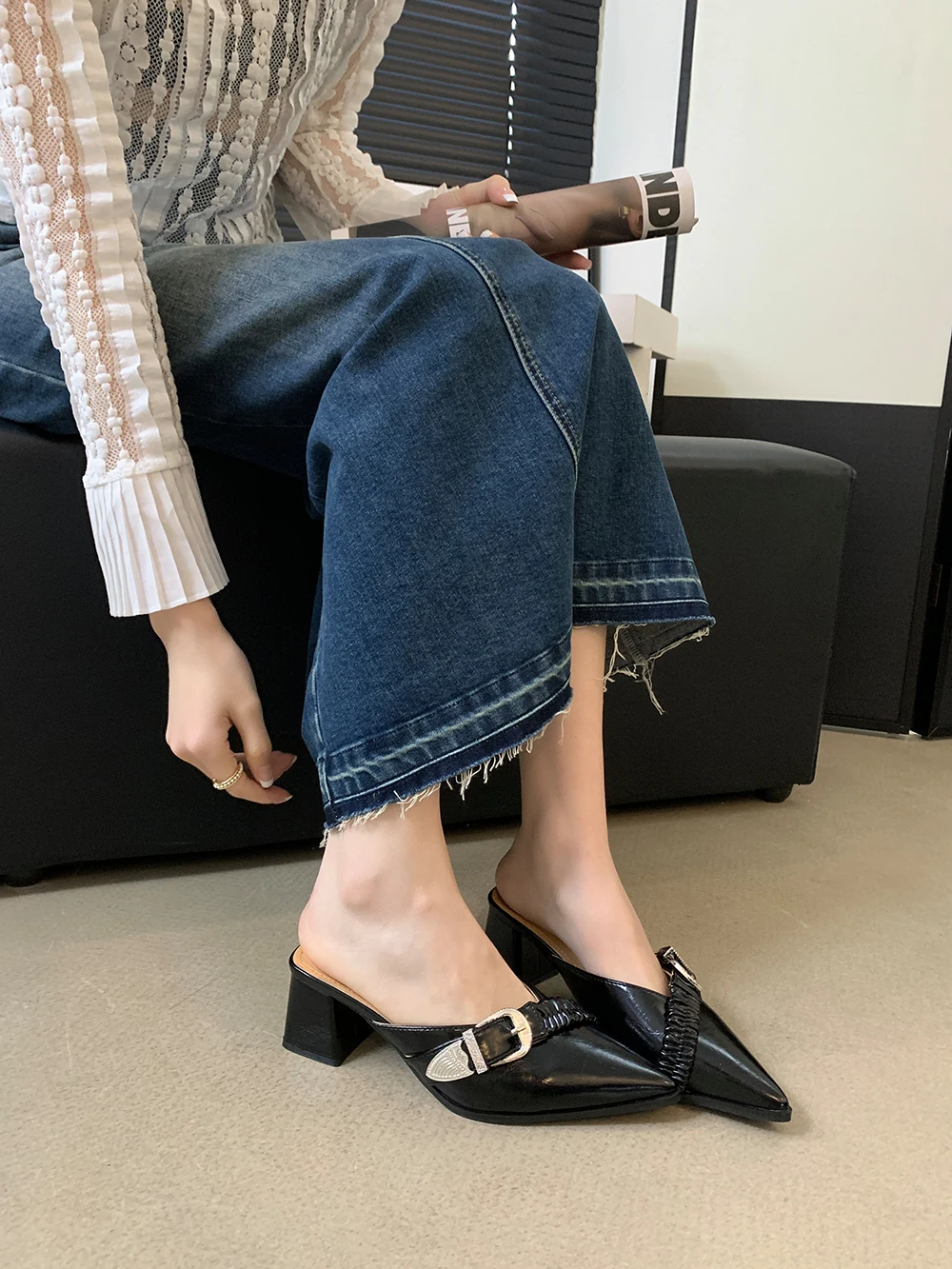 Мюли женские с острым носком летние туфли-лодочки на толстом высоком каблуке