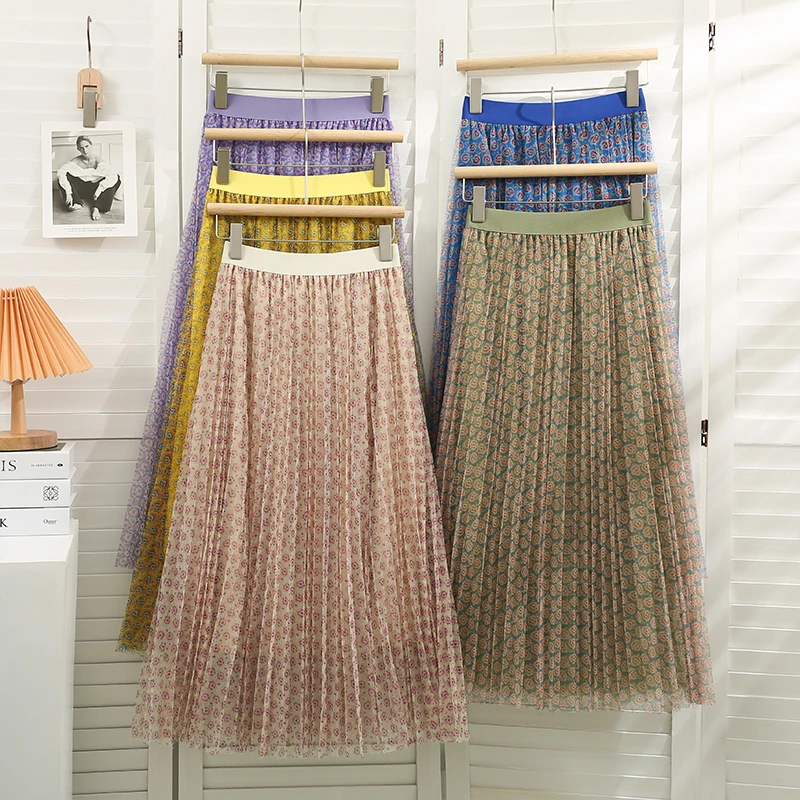 

Women Summer Vintage Tulle Long Skirts Girl Elastic Waist Fancy Printed Mesh Skirt With Linning