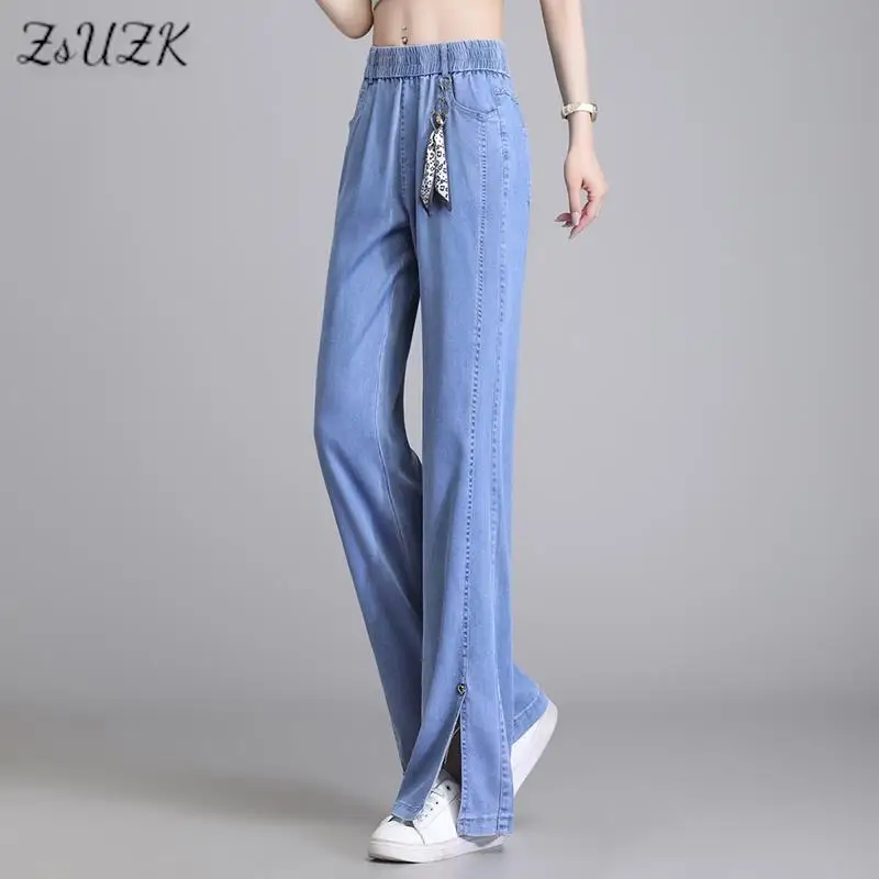 Женские джинсы с широкими штанинами ZUZK летние тонкие свободные длинные брюки из