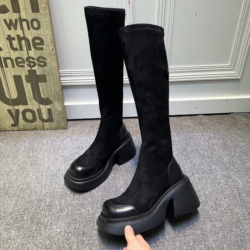 

2022 Autumn And Winter New Muffin Thick Soled Thick Heel Increased Thin Elastic Boots High Boots Martin Boots