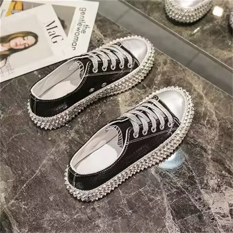 

Черные холщовые туфли ручной работы с низким верхом и заклепками, серебристая лента, женская модель 35-40