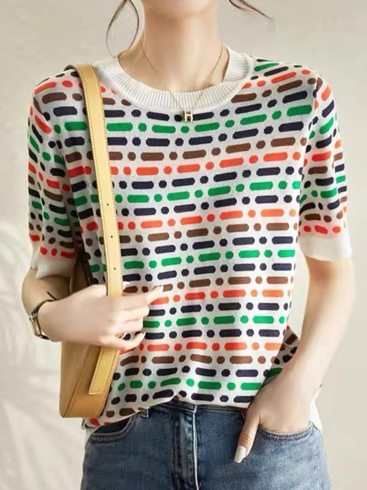 

2022 summer New Vintage short sleeve Knitted Pullover Sweater Women Fashion Casual Knitwear Tops Sweet Pull Femme Blouse