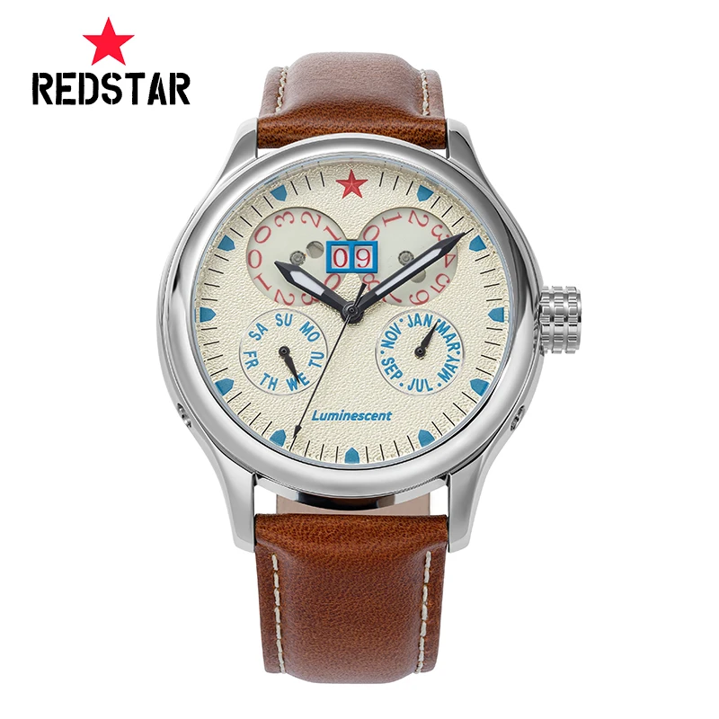 

RED STAR Glowly Date Men Watches Seagull ST2527 Automatic Movement Week/Month/Calendar Display Mechanical Wristwatch Waterproof